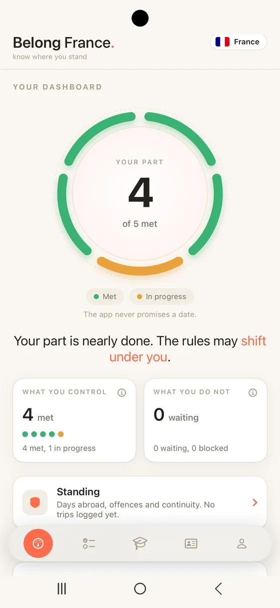 Belong France on Android: the Dashboard with the progress ring