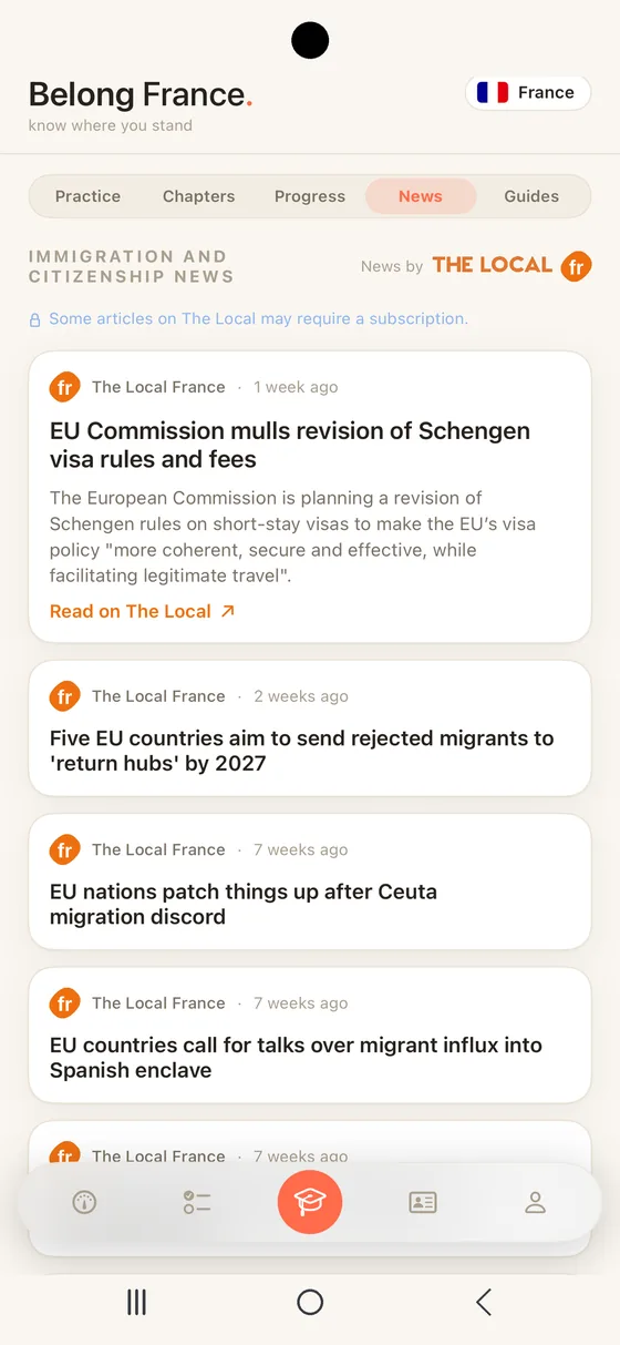 Belong France News segment on Android with immigration and nationality stories from The Local France