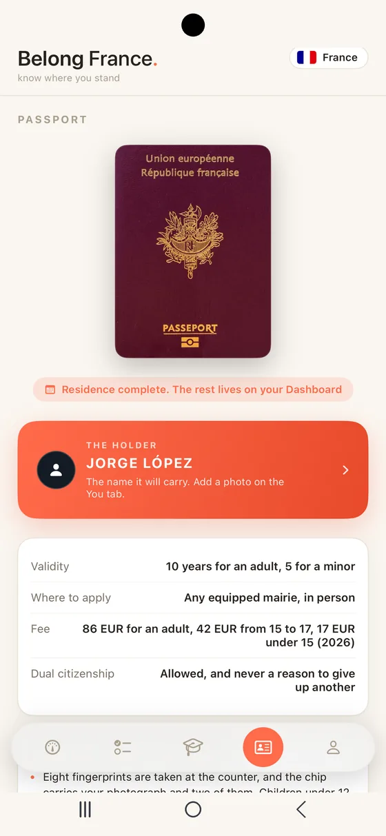 Belong France Passport tab on Android with the French passport cover and the holder's name