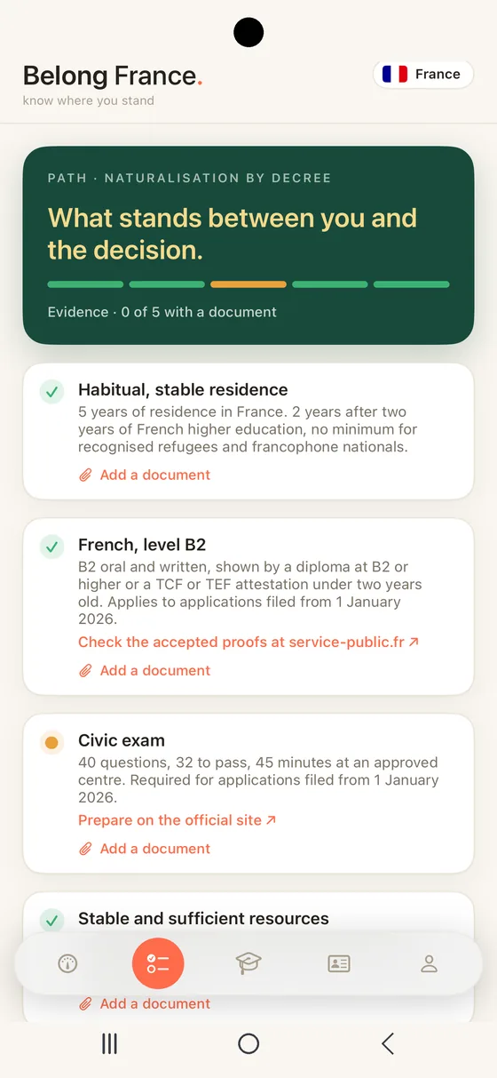 Belong France Path tab on Android with every requirement for naturalisation by decree