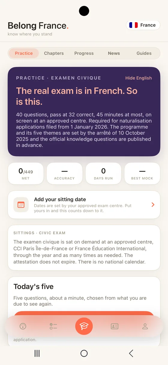Belong France Practice tab on Android: the examen civique, the sitting date and the exam note