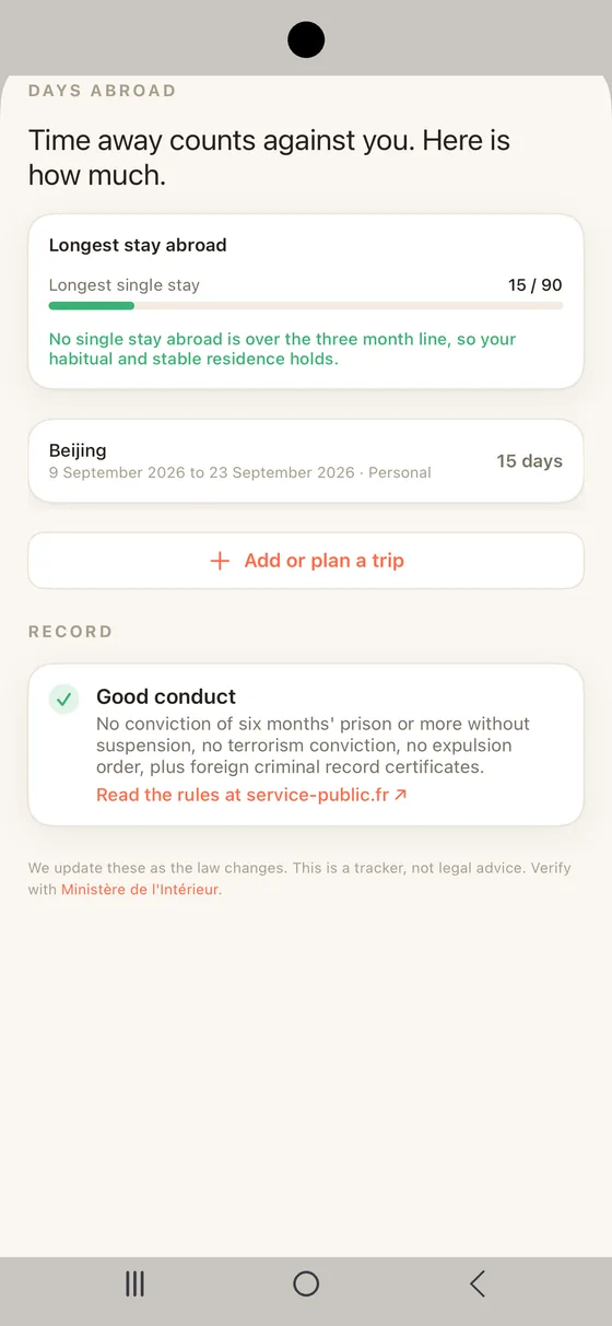 Belong France Days abroad on Android measuring the longest stay abroad against the three month line