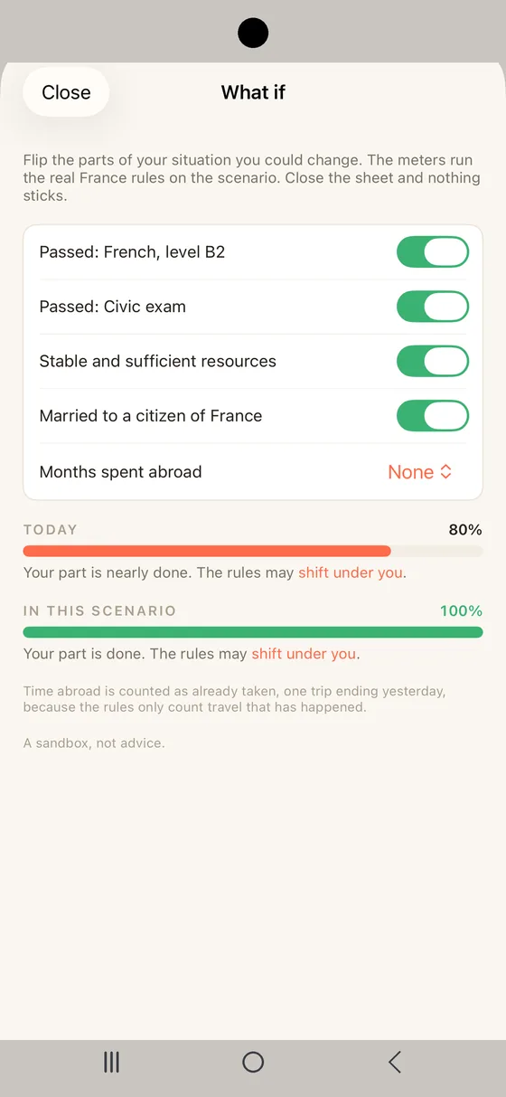 Belong France What if sheet on Android running a scenario