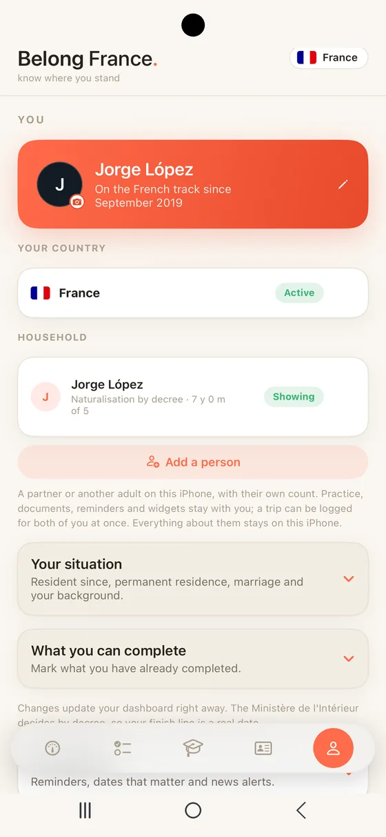 Belong France You tab on Android with the Household section: a second person on the same phone