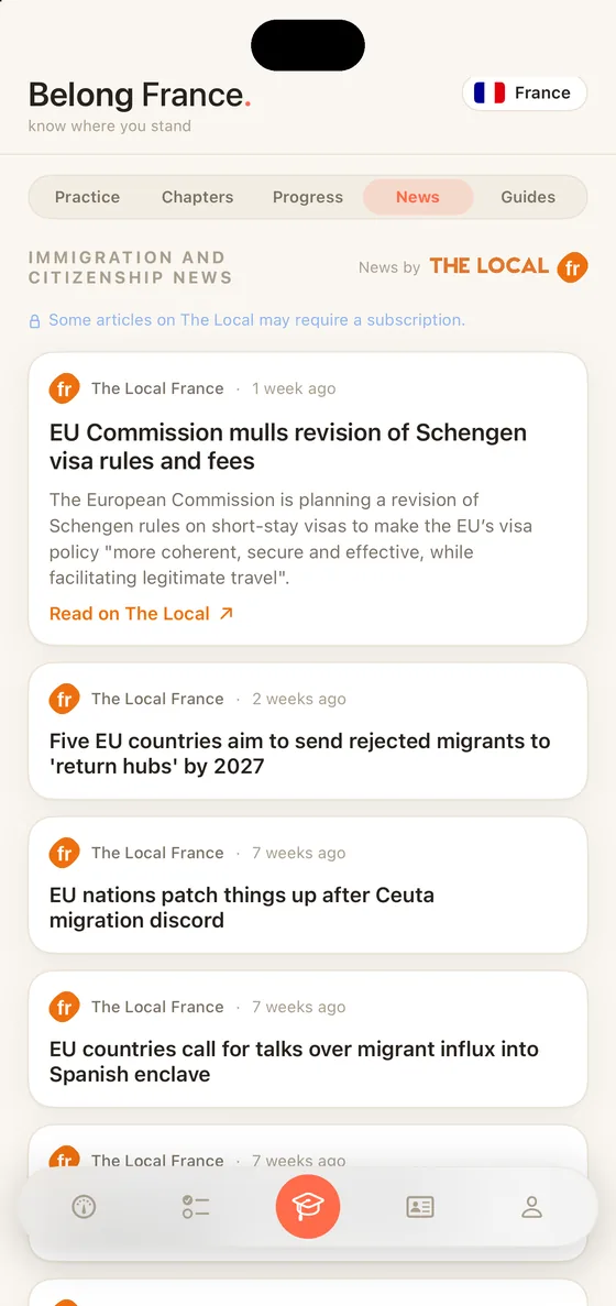 Belong France News segment on iPhone with immigration and nationality stories from The Local France