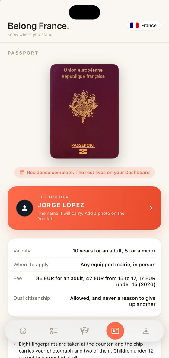 Belong France Passport tab on iPhone with the French passport cover and the holder's name