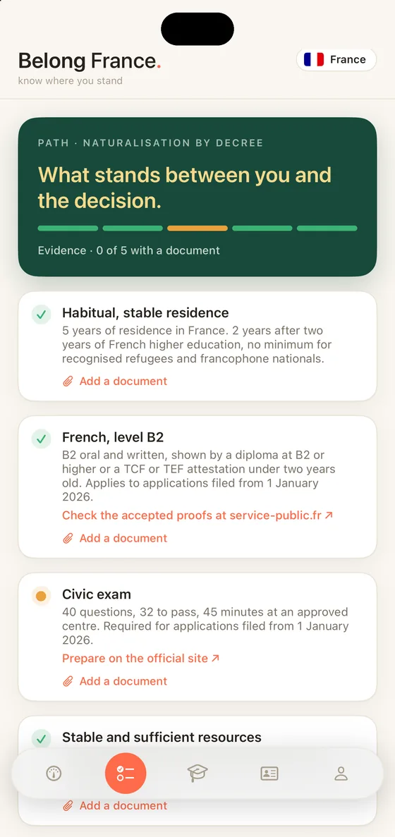 Belong France Path tab on iPhone with every requirement for naturalisation by decree