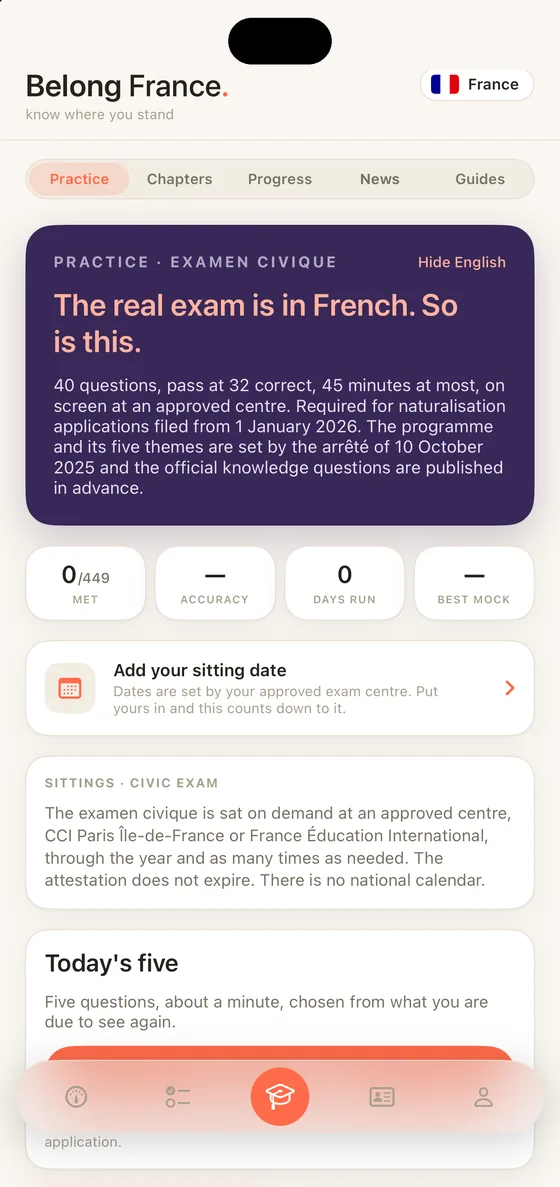 Belong France Practice tab on iPhone: the examen civique, the sitting date and the exam note