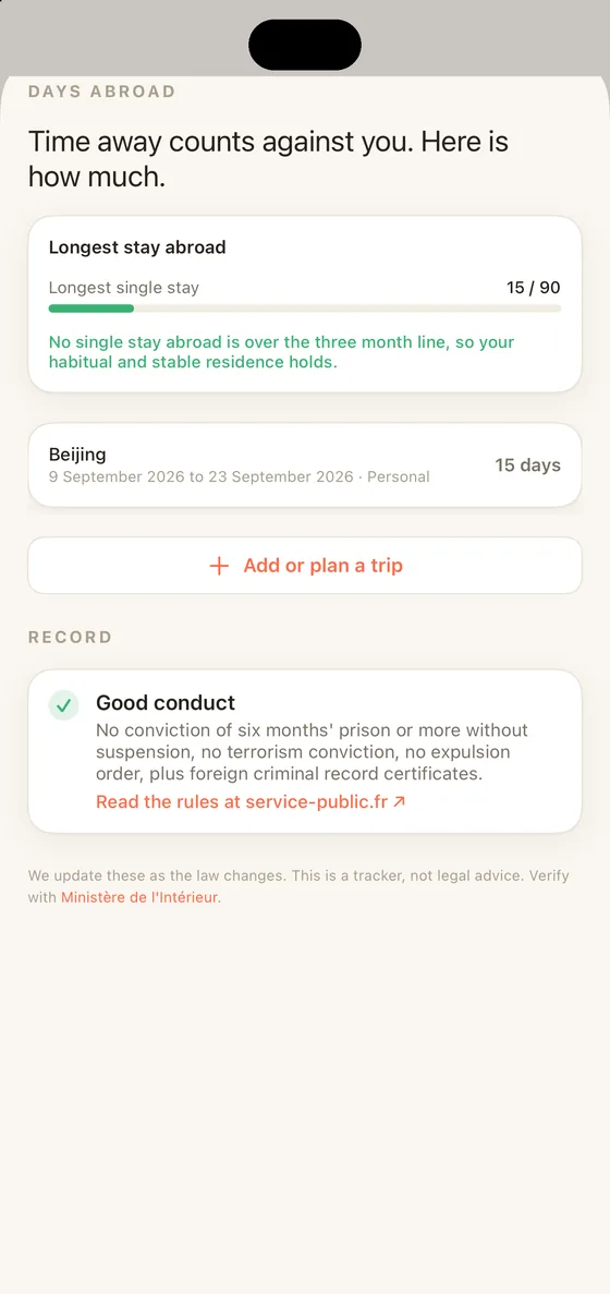 Belong France Days abroad on iPhone measuring the longest stay abroad against the three month line
