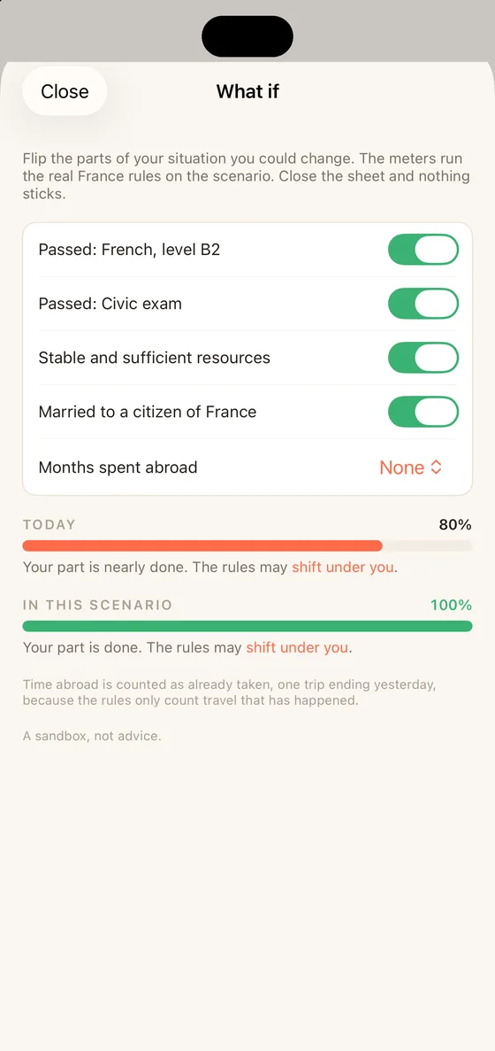 Belong France What if sheet on iPhone running a scenario