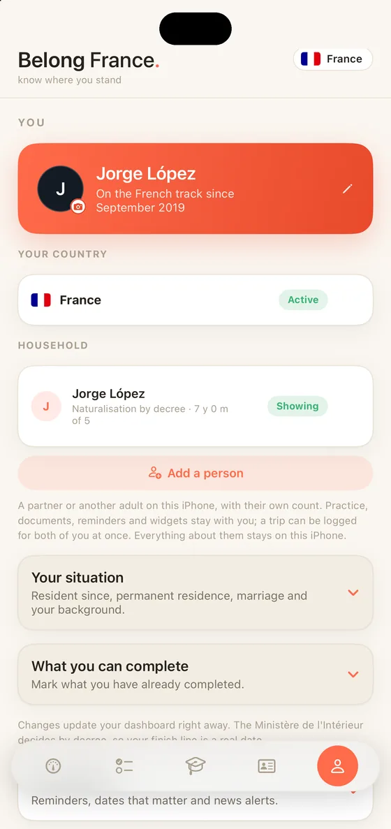 Belong France You tab on iPhone with the Household section: a second person on the same phone